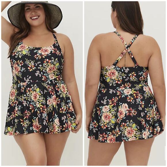 Torrid NWT Short Length Side Tie Swim Dress - Floral Size 0X Adjustable Strap - Picture 1 of 8